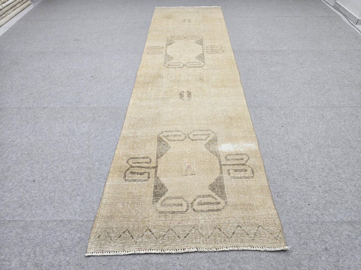 Antique Turkish Runner Rug 3x10, Camel Tribal Hallway Runner, Twin Medallion Wool Kitchen Runner, Boho Foyer Rug for Farmhouse Decor