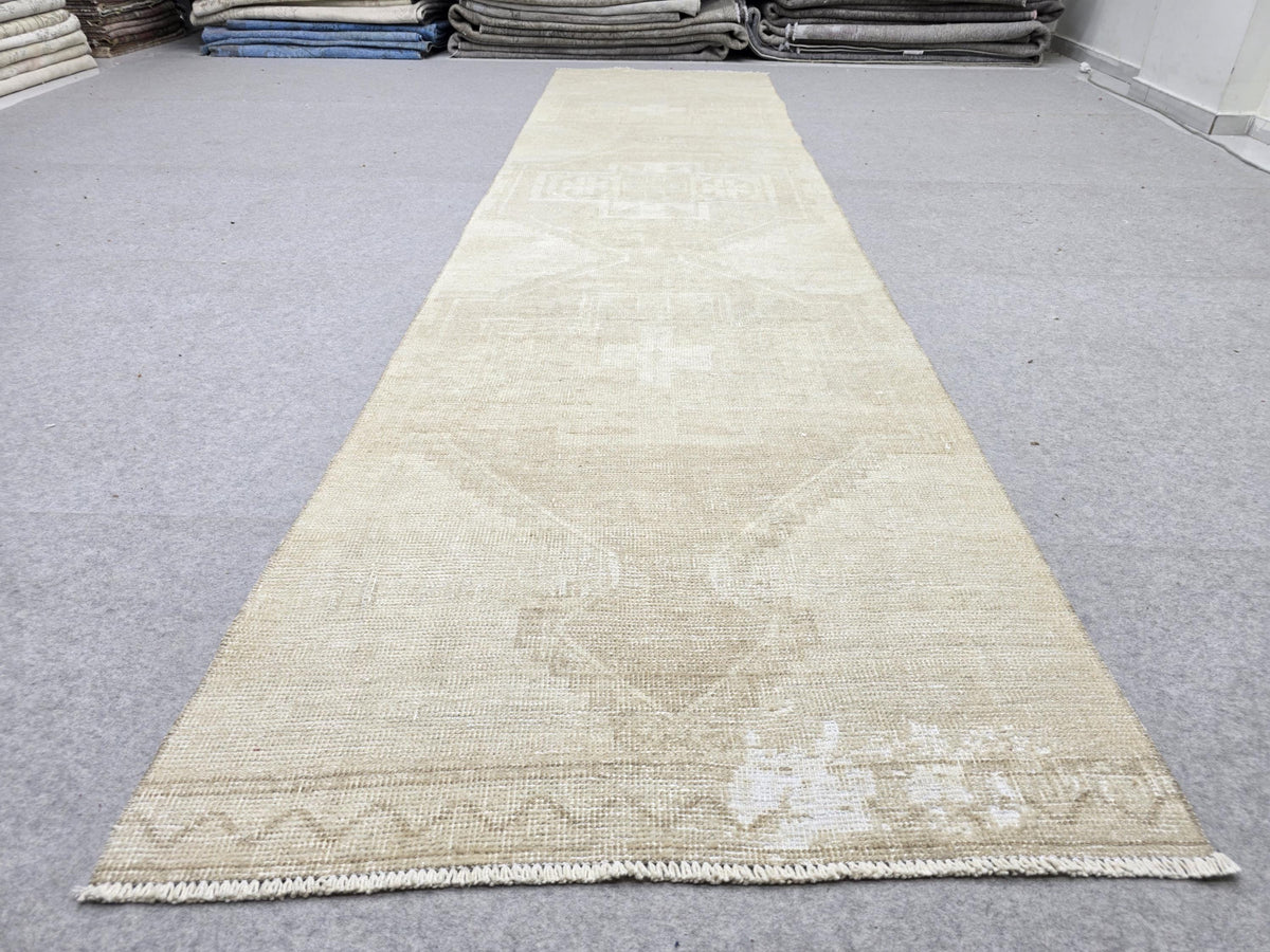 Turkish Rug 3x12 Narrow Runner, Parchment Beige Wool Rug, Extra Long Galley Kitchen Carpet,  Vintage Hallway Runner Rug, Coastal Decor Rug