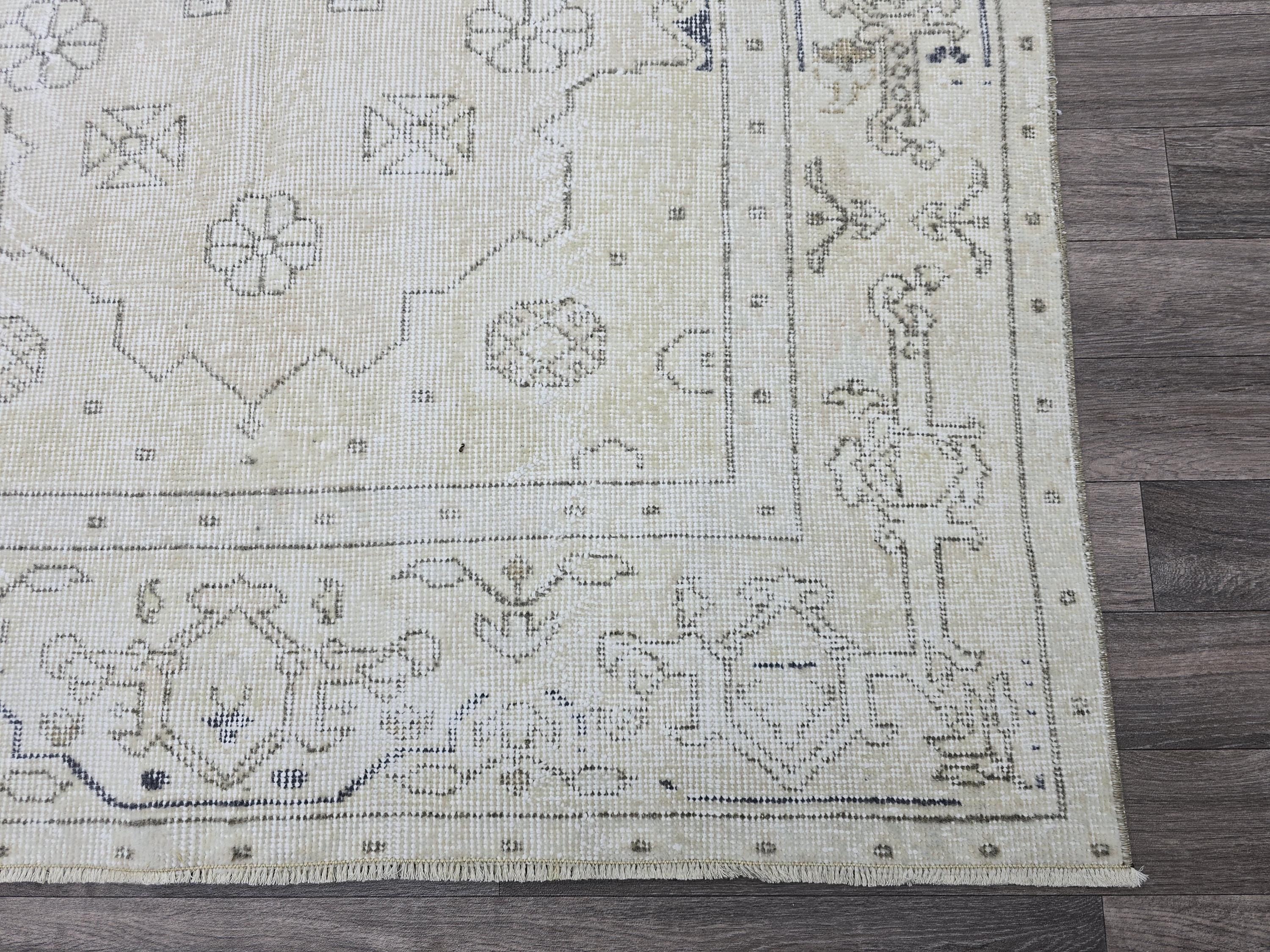 4x7 Oushak Rug - Neutral Vintage Turkish Rug: 4.3x7.7ft Hand-Knotted Wool Rug