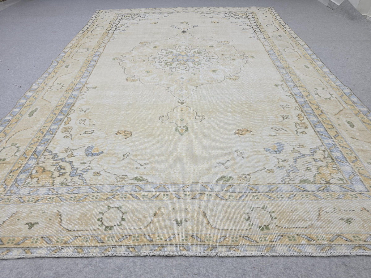 Vintage Turkish Oushak Rug 7x10, Cream Floral Wool Carpet