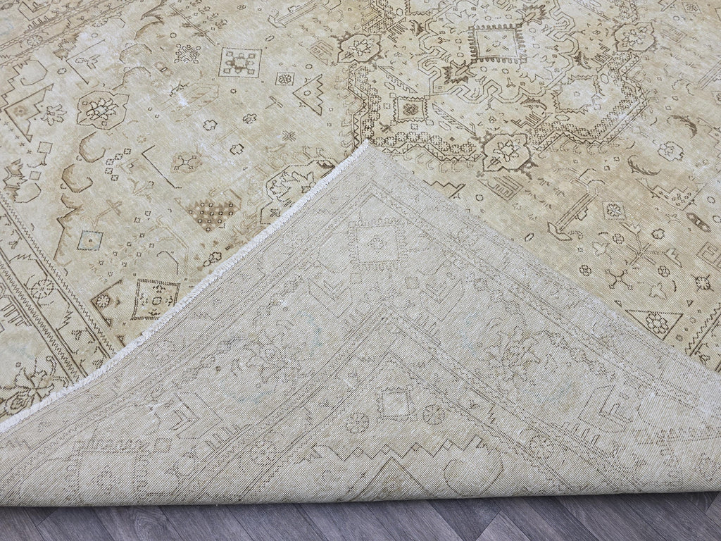 Oversized Turkish Oushak Rug: 9.65 x 12.6 Beige Medallion Wool Carpet