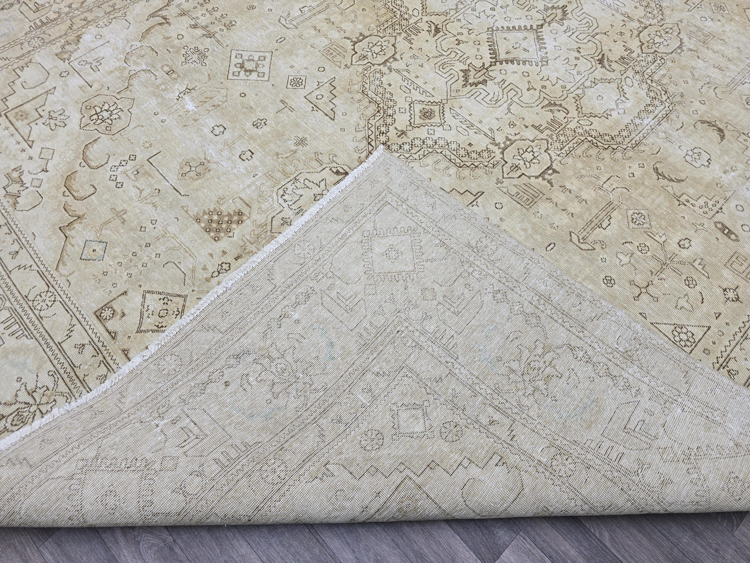 Oversized Turkish Oushak Rug: 9.65 x 12.6 Beige Medallion Wool Carpet
