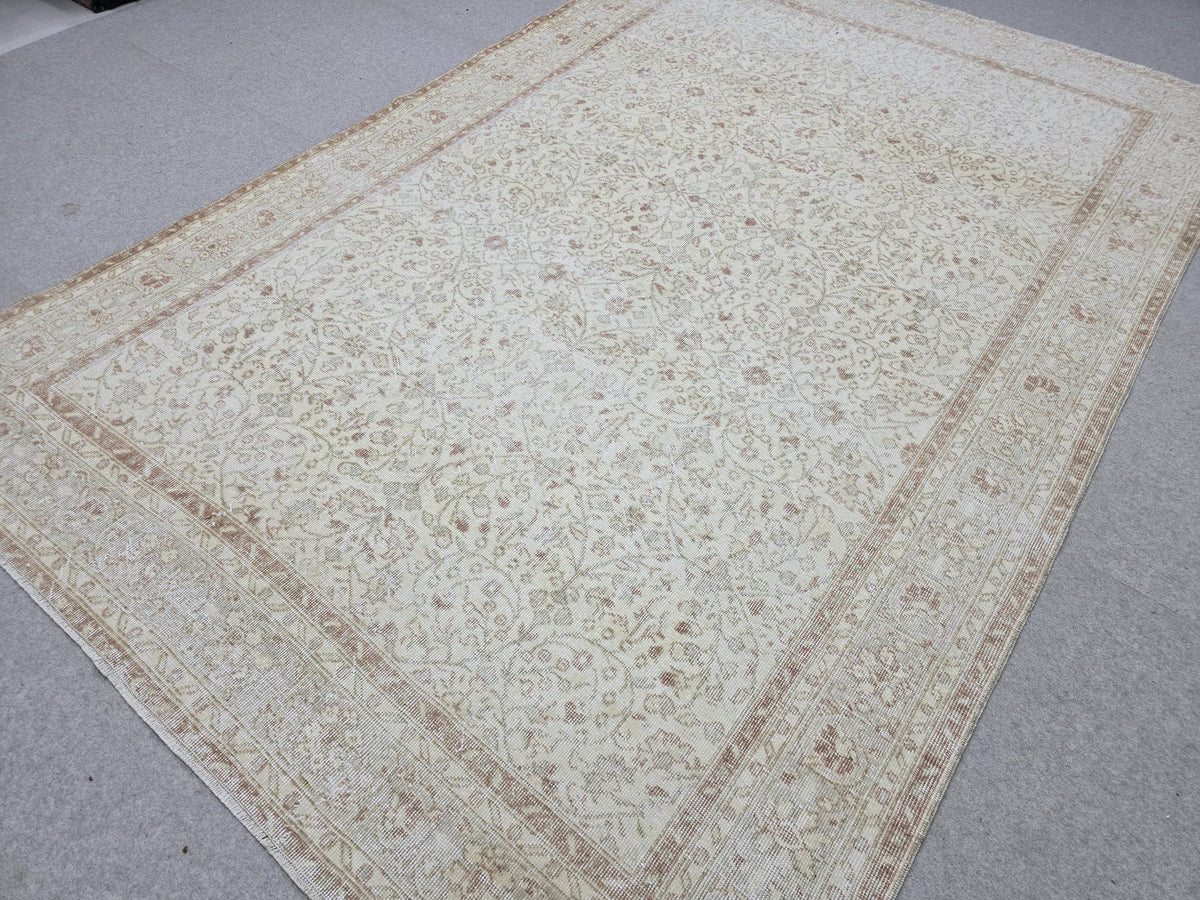 Handknotted Oushak Wool Rug 7x10, Cream Terracotta Floral Turkish Carpet