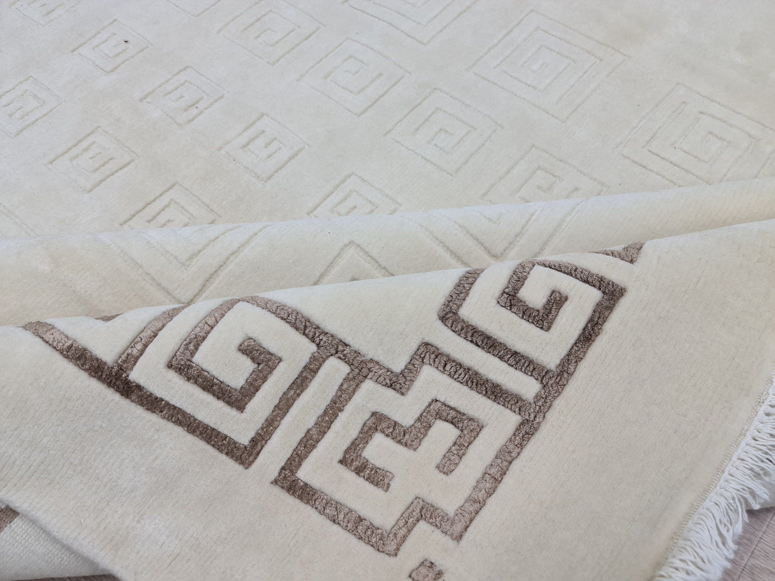 Cream Hand-Knotted Wool Area Rug: 6.82x9.35 ft, Vintage Boho Rug