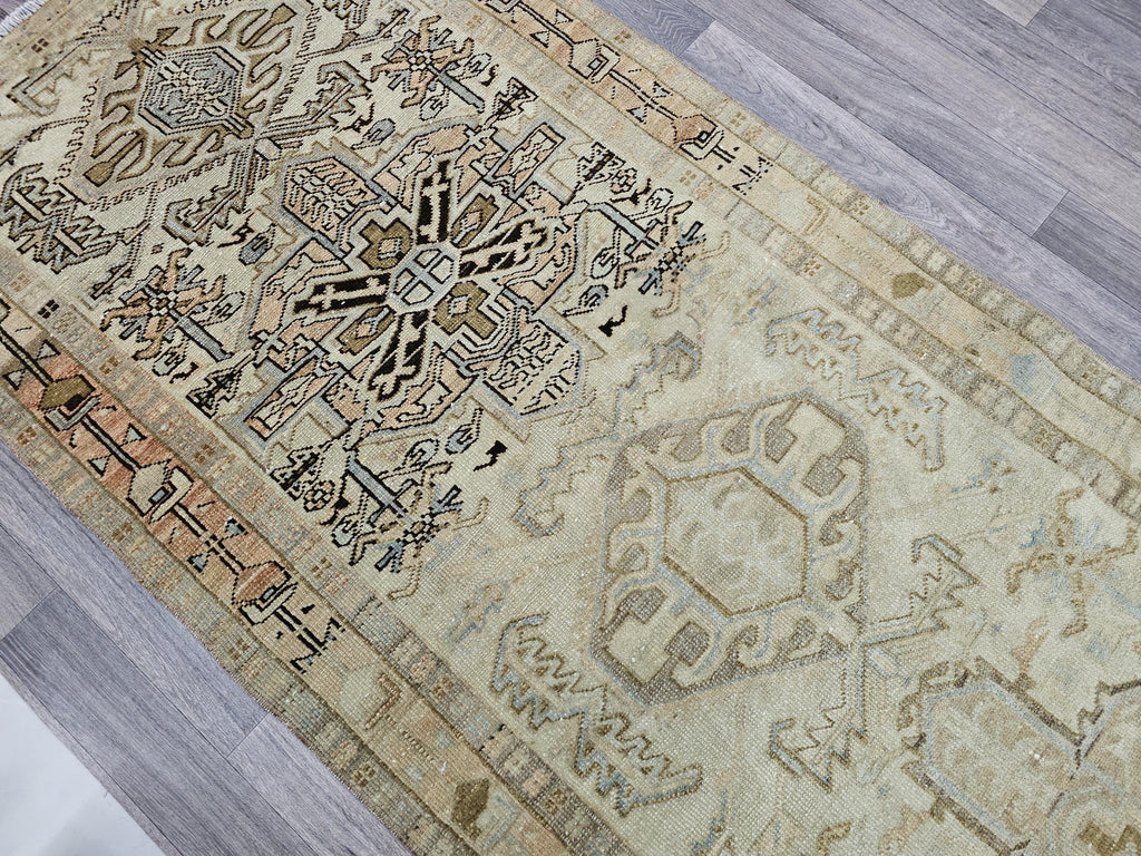 Vintage Geometric Runner Rug – 3.5x9.75 ft Distressed Hallway Carpet in Earthy Tones