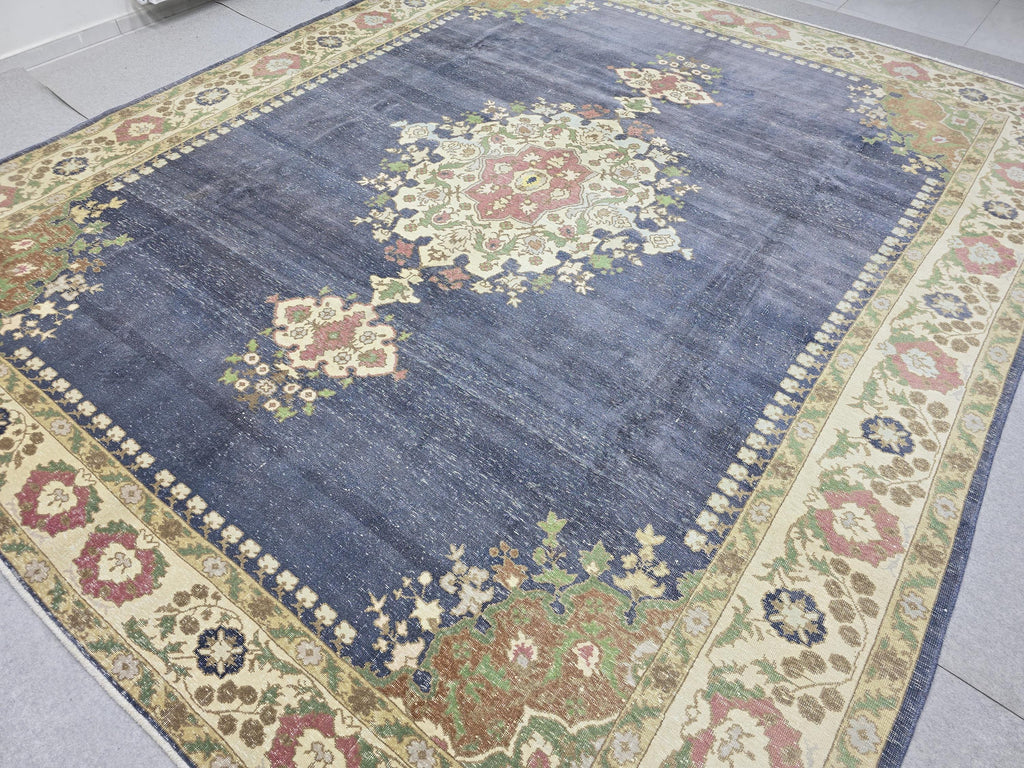 Vintage Turkish Hand-Knotted Wool Rug, Blue Medallion Distressed Area Carpet (10x12)