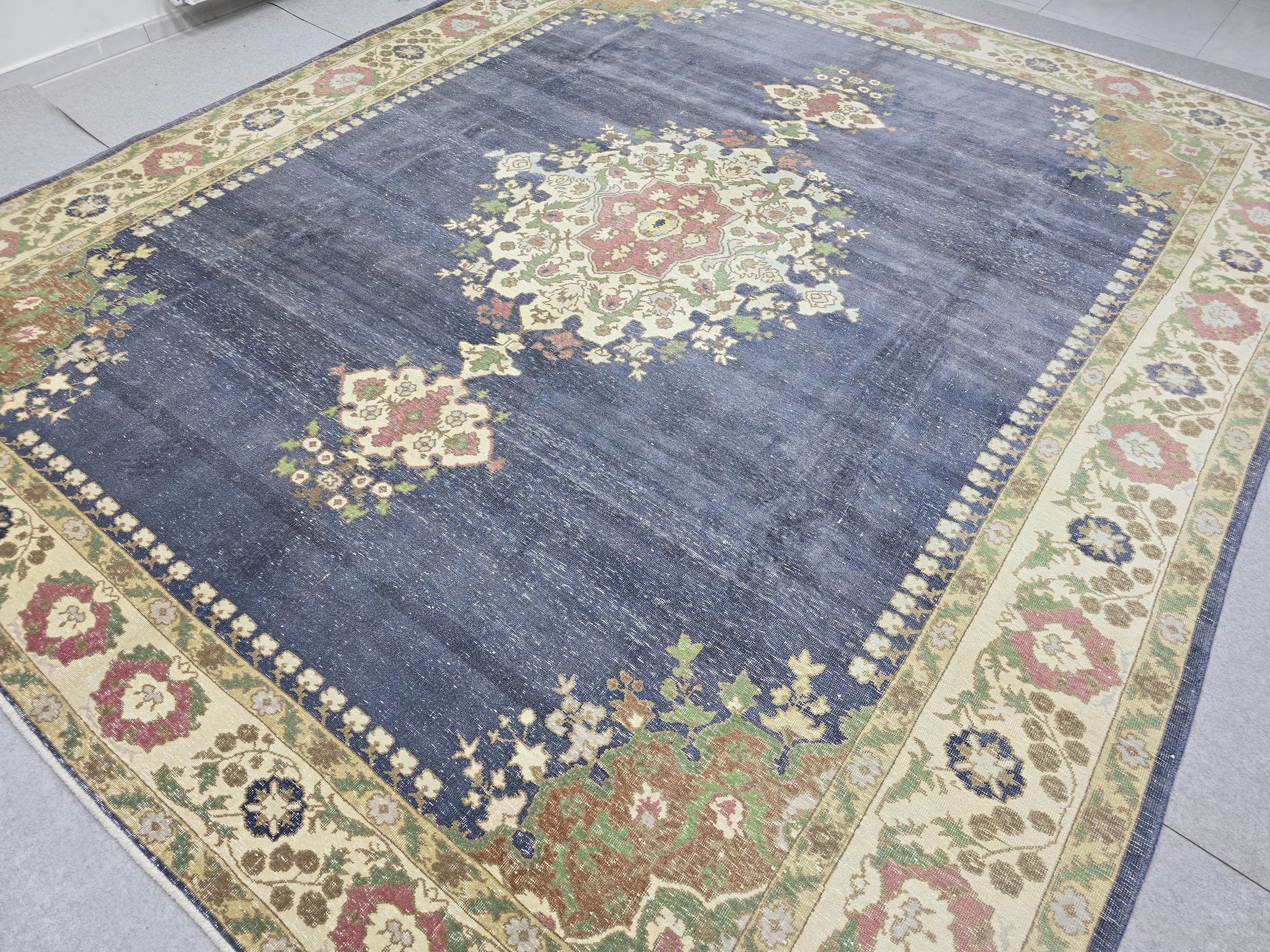Vintage Turkish Hand-Knotted Wool Rug, Blue Medallion Distressed Area Carpet (10x12)