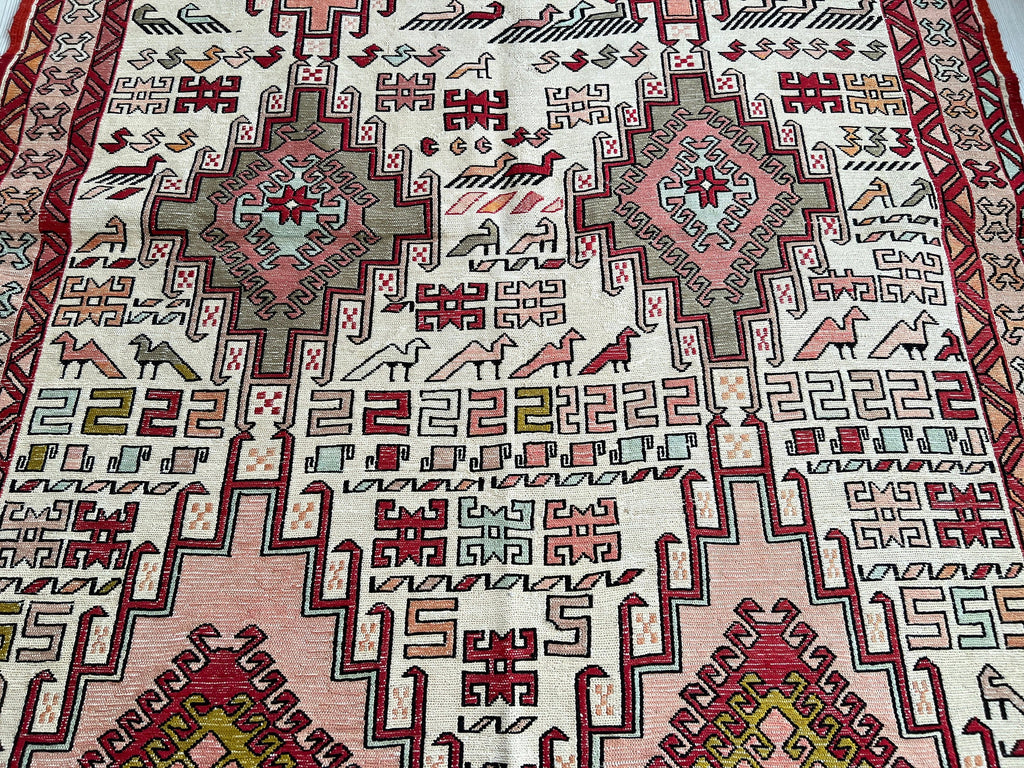 Hand Woven Silk Soumak Rug: Vintage Anatolian Animal Print (4x6)