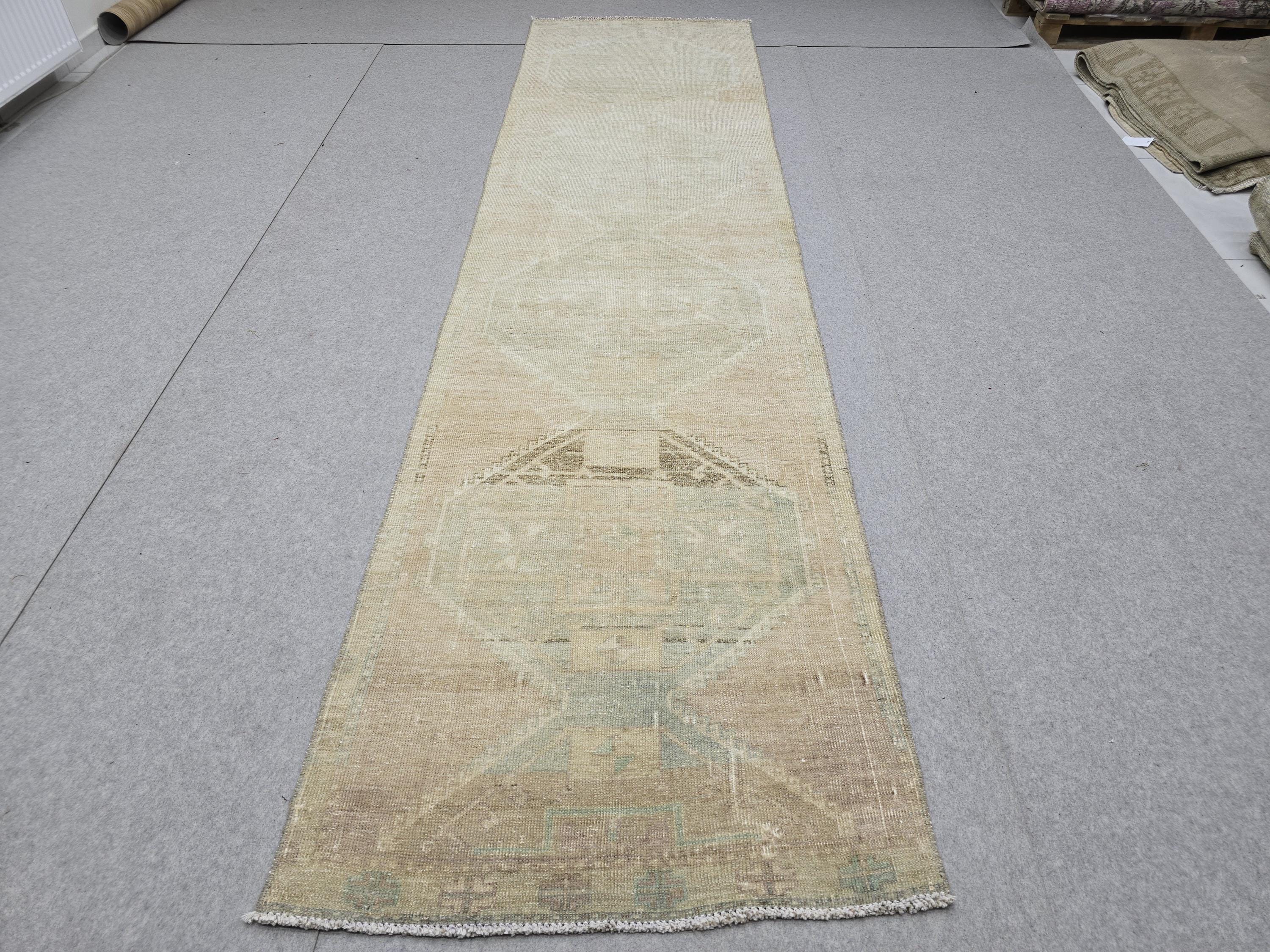 Turkish Rug 3x12, Neutral Runner Rug, Faded Distressed Wool Hallway Runner, Muted Oushak Stair Runner, Vintage Boho Kitchen Carpet