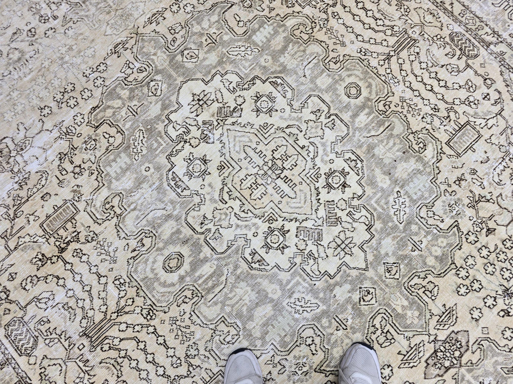 Turkish Rug 8x10, Distressed Grey Beige Vintage Area Rug, Hand Knotted Wool Carpet with Tribal Medallion for Living Room, Hallway