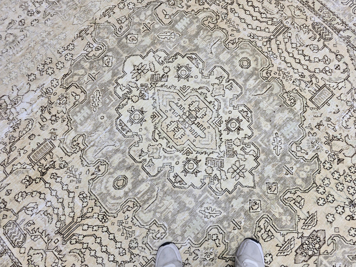 Turkish Rug 8x10, Distressed Grey Beige Vintage Area Rug, Hand Knotted Wool Carpet with Tribal Medallion for Living Room, Hallway