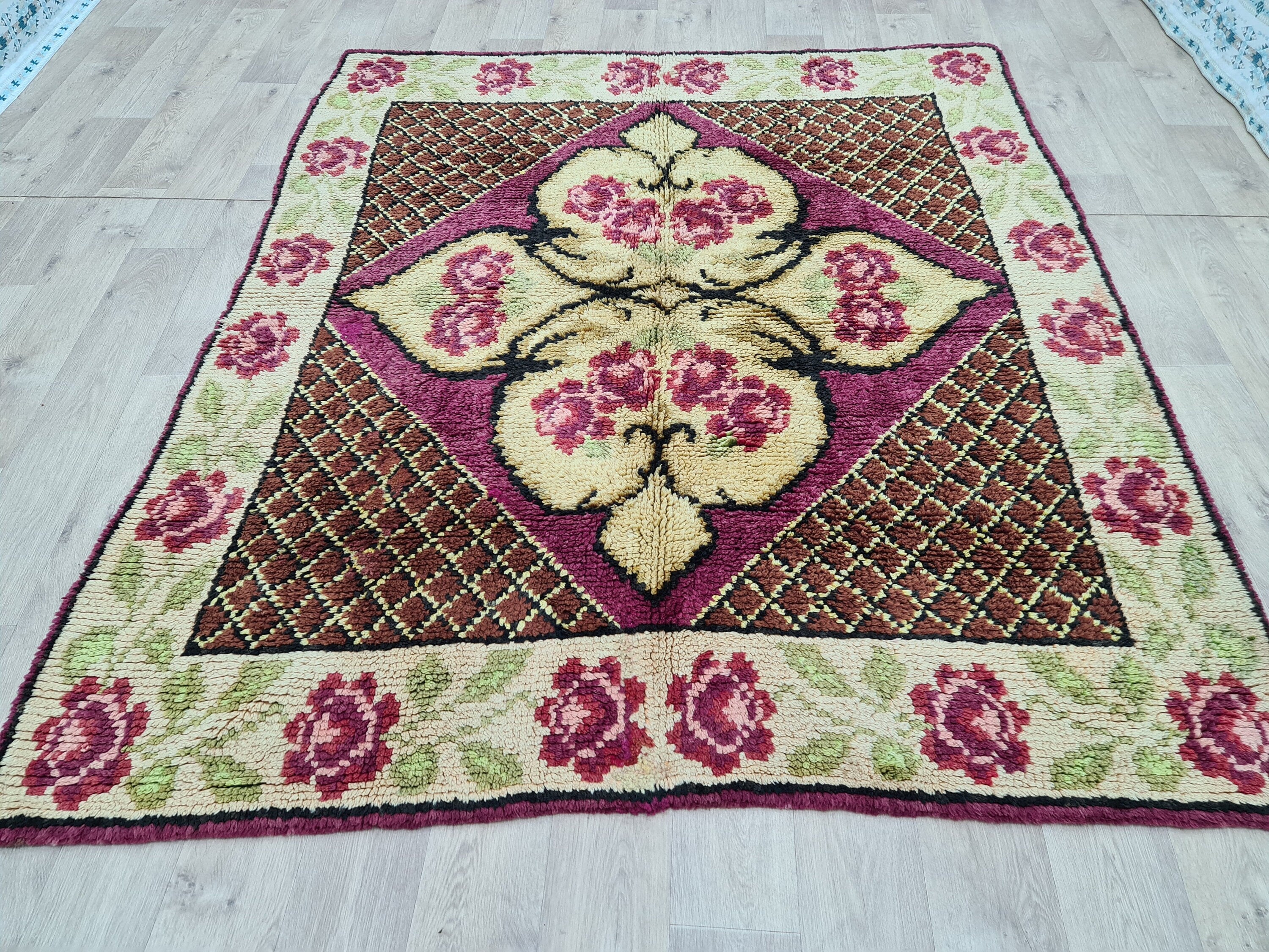 Hand Knotted Wool Oushak Rug: Vintage Turkish High Pile Carpet (6.3x7.25 ft)