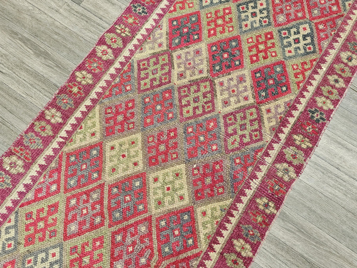 Hand Knotted Herki Runner Rug: Vintage Turkish Hallway Rug