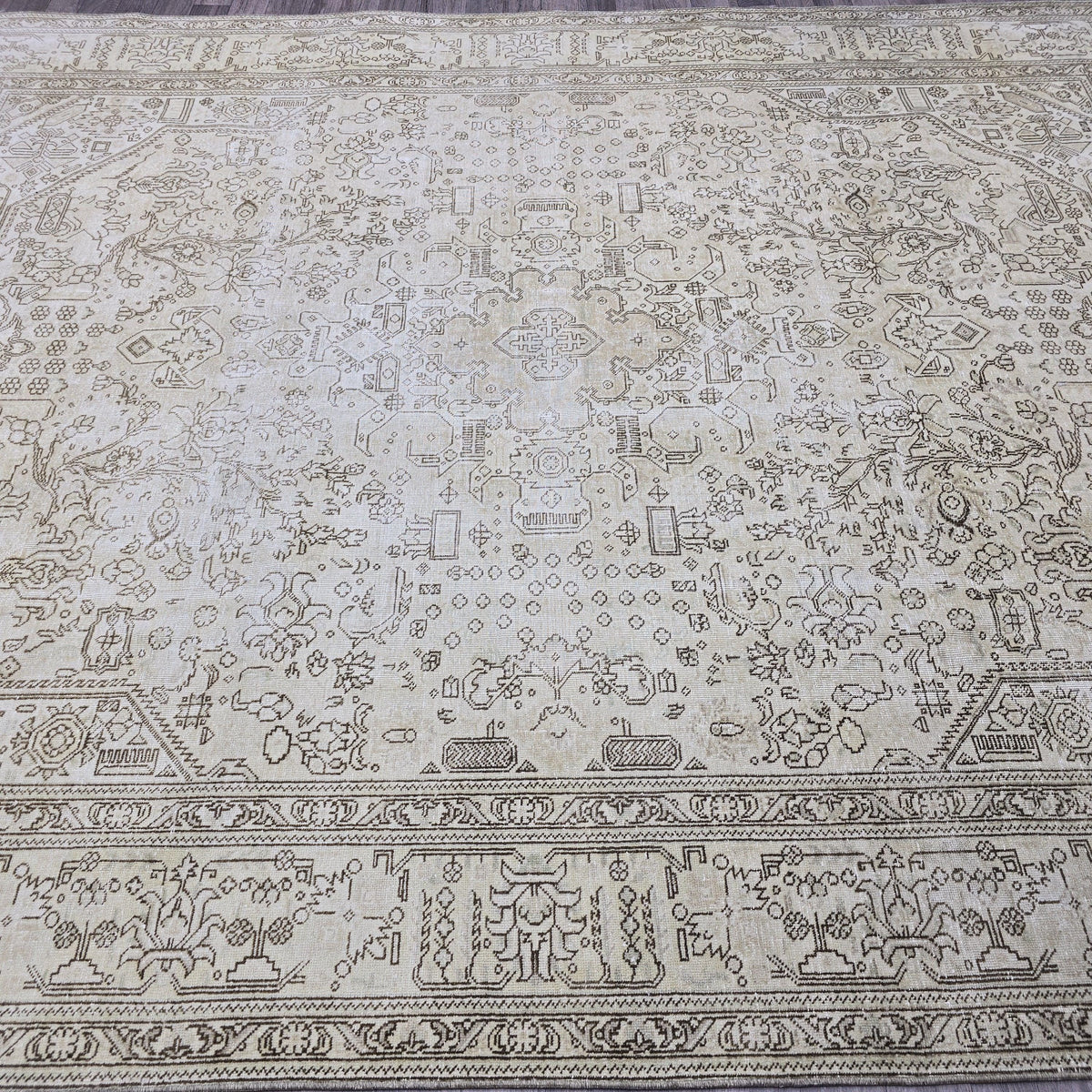 Vintage Oushak Turkish Rug: 8x11 Beige Cream Wool Area Rug