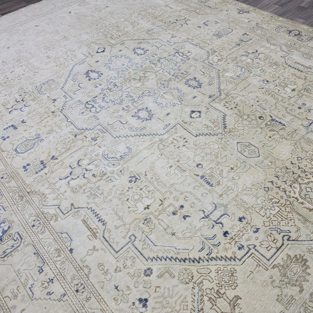 Antique Turkish Rug 10x12 Blue Cream Medallion Vintage Wool Area Rug Bedroom