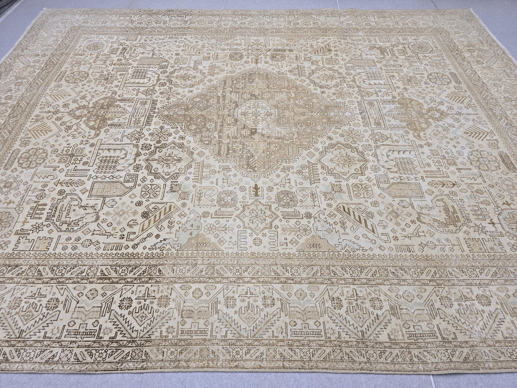 Hand Knotted Oushak Rug | Muted Sand Beige Vintage Turkish Wool Area Carpet