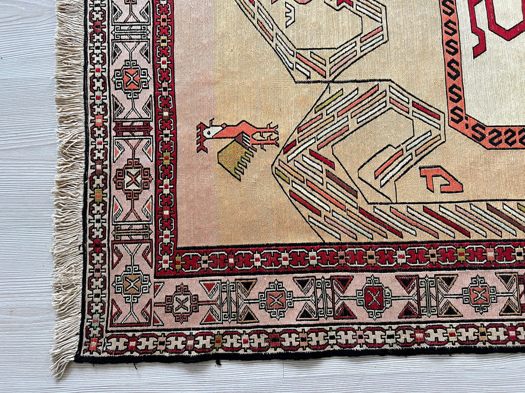 4x6 Silk Soumak Rug: Hand-Knotted Vintage Animal Design