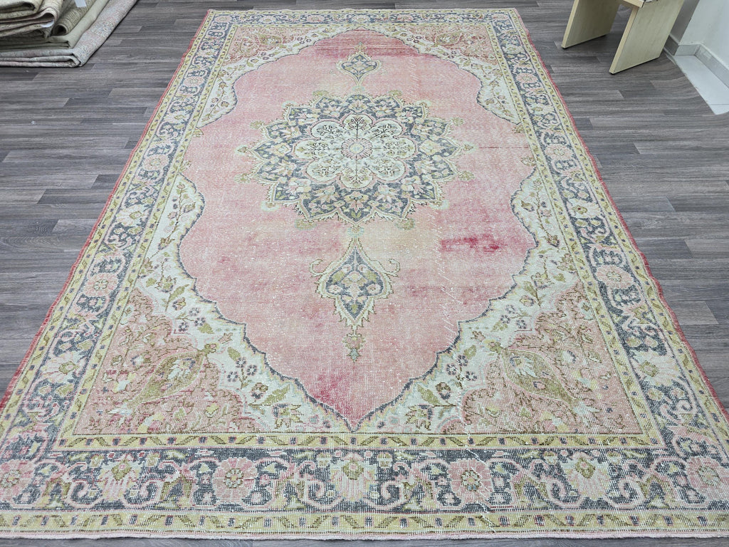 Vintage Turkish Oushak Rug: 7x11 Pink Floral Wool Carpet