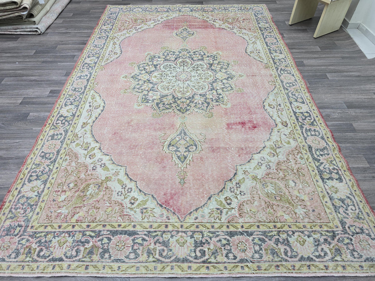 Vintage Turkish Oushak Rug: 7x11 Pink Floral Wool Carpet