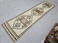 Wool Turkish Runner, Hand-Knotted Cream Brown Boho Hallway Rug