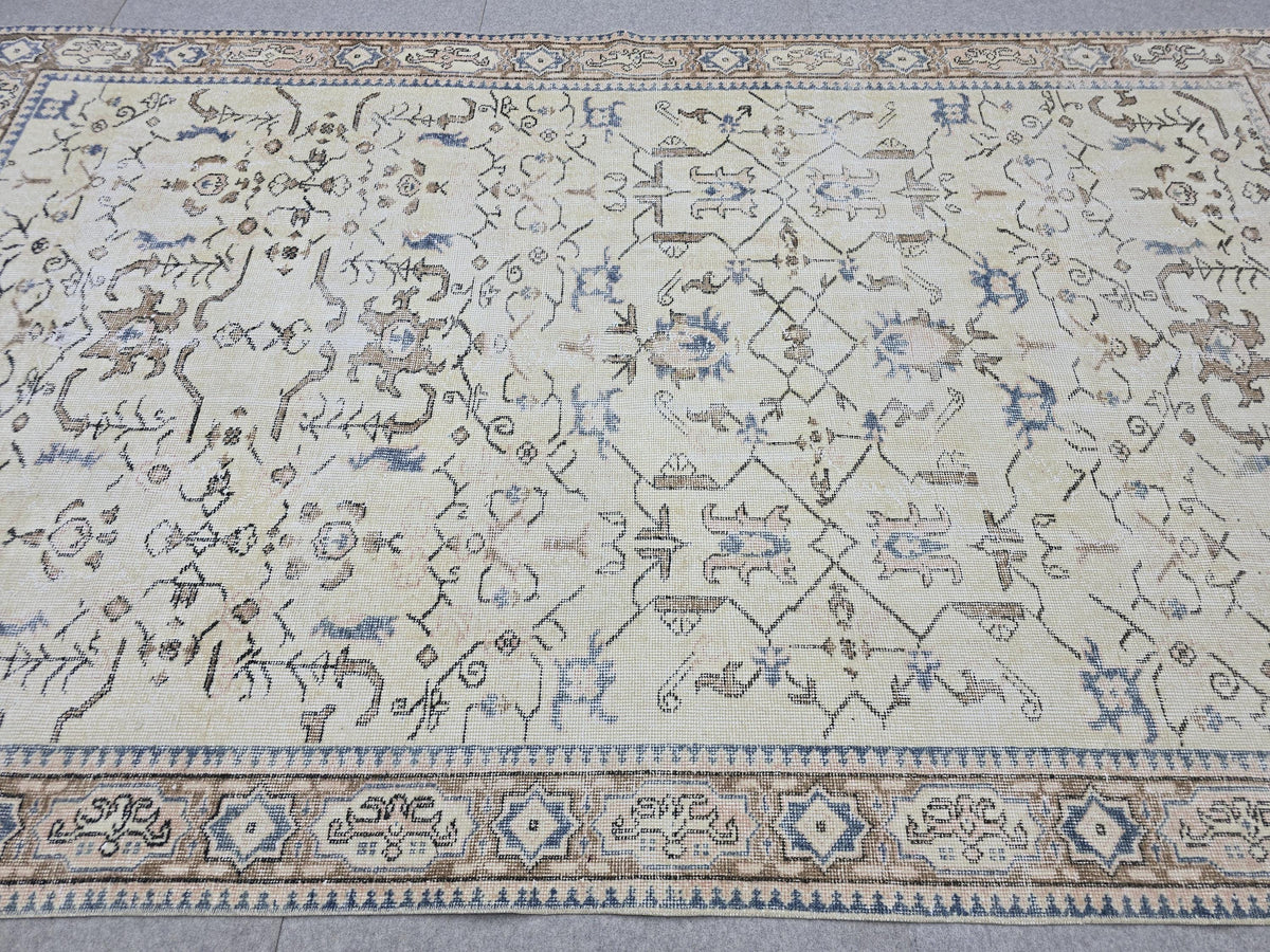 Vintage Turkish Oushak Rug 6x9, Hand Knotted Cream Blue Floral Carpet