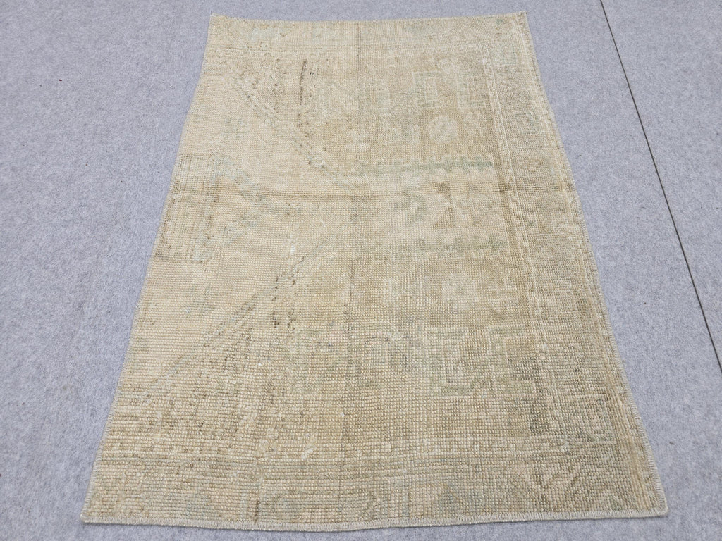 Vintage Bath Mat 2x3, Small Turkish Rug, Faded Neutral Door Mat, Hand Knotted Wool Oushak Mat, Muted Beige Kitchen Rug, Boho Entryway Rug