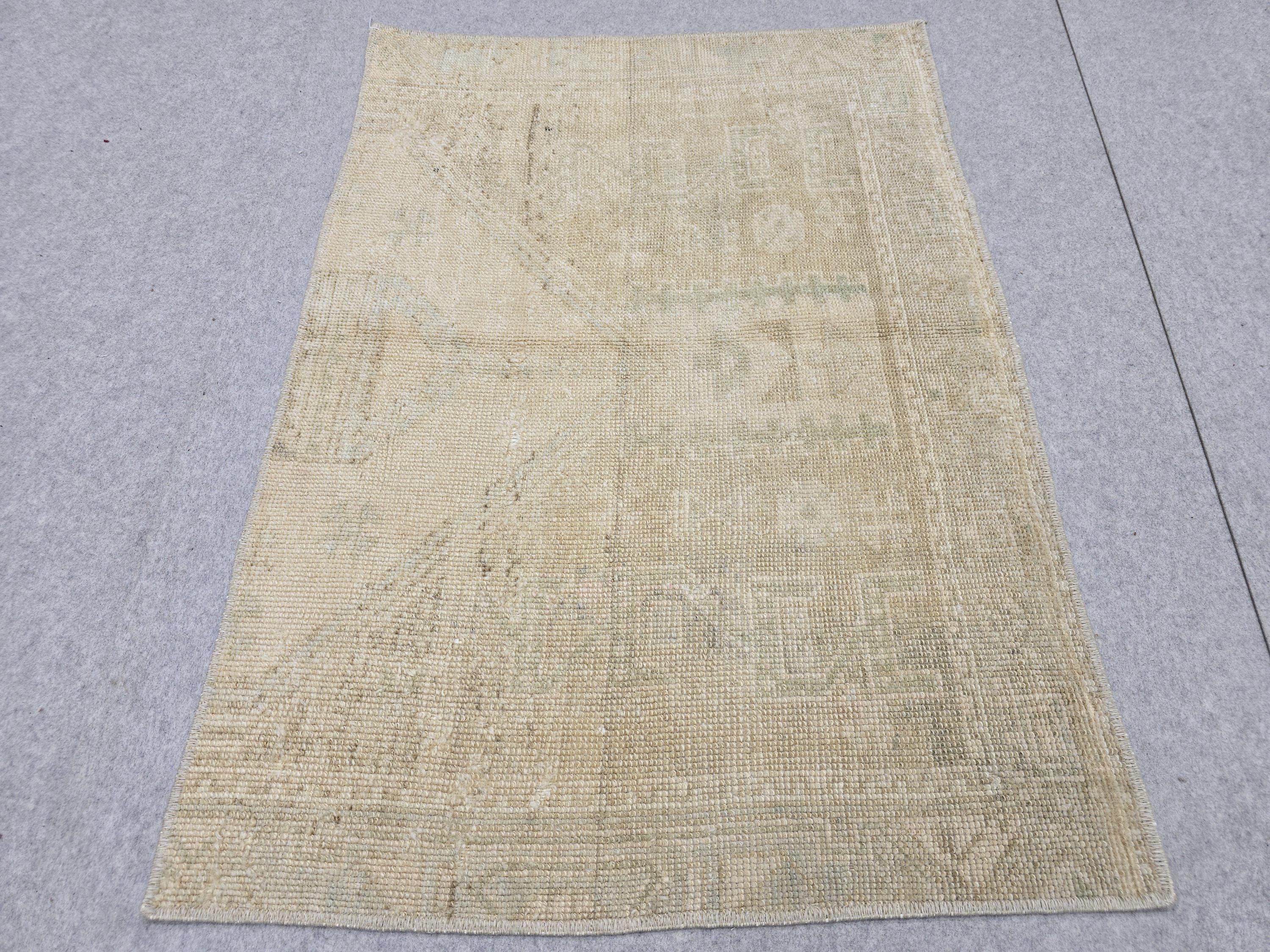 Vintage Bath Mat 2x3, Small Turkish Rug, Faded Neutral Door Mat, Hand Knotted Wool Oushak Mat, Muted Beige Kitchen Rug, Boho Entryway Rug