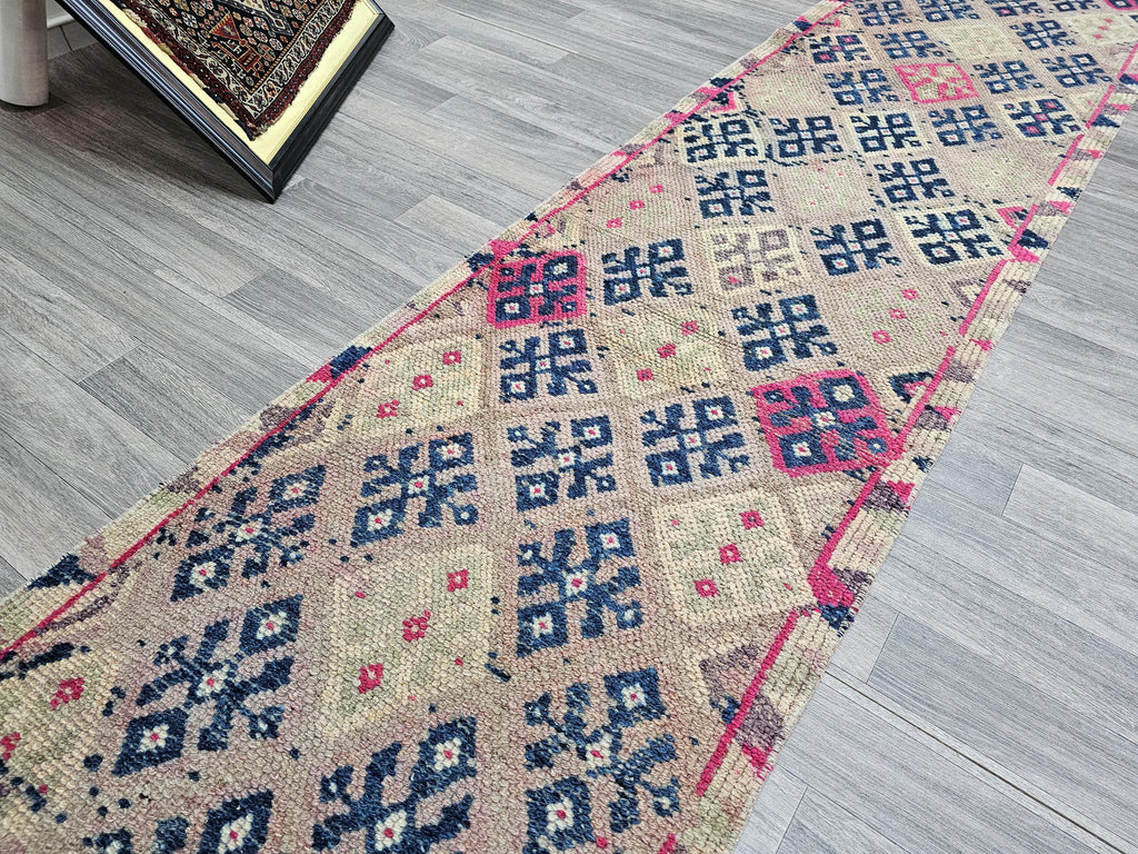 Hand Knotted Wool Runner Rug: Vintage Turkish Herki, 2.40x13 ft