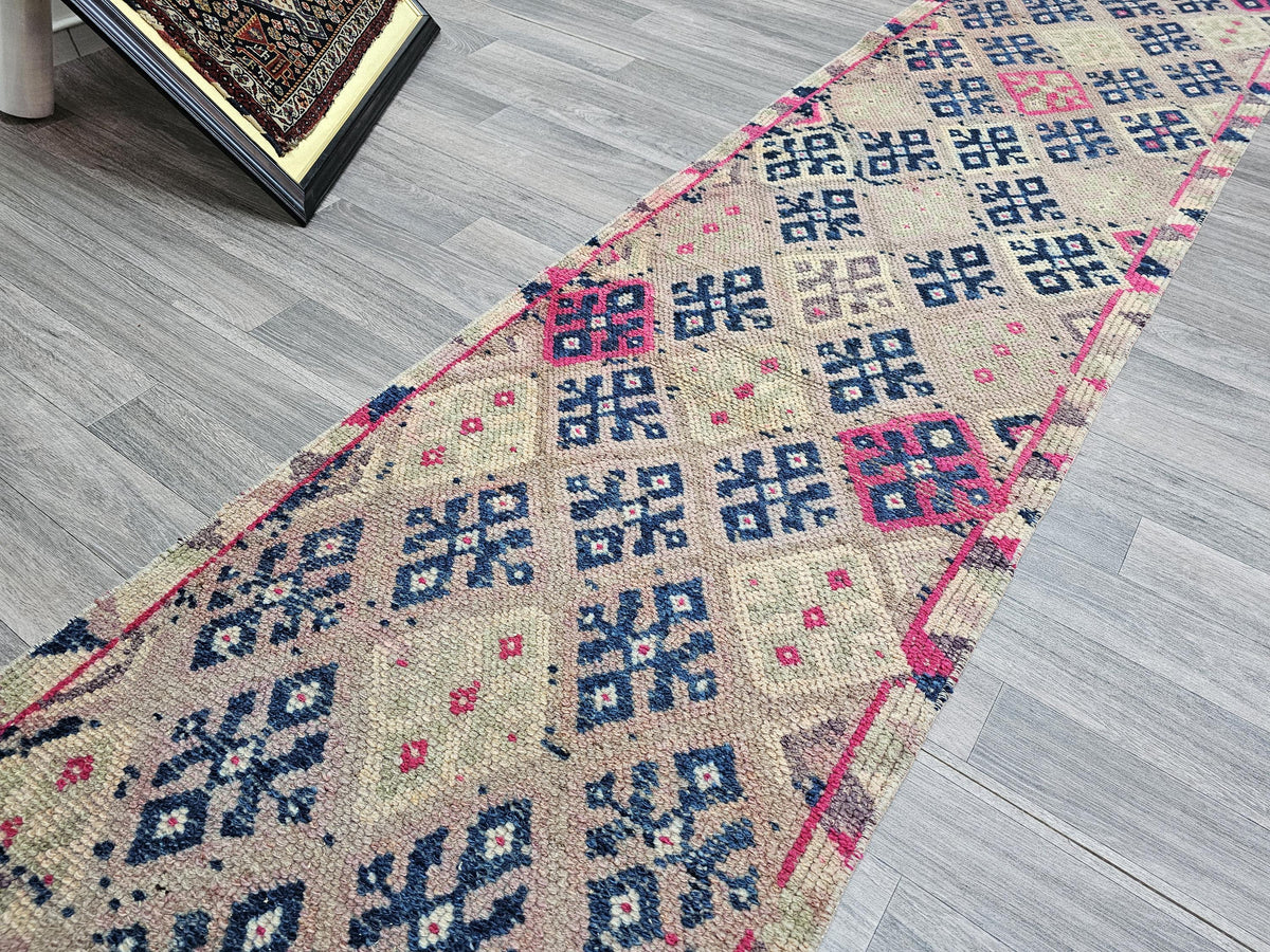 Hand Knotted Wool Runner Rug: Vintage Turkish Herki, 2.40x13 ft