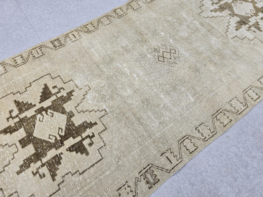 Turkish Rug 3.5x10 Runner, Wheat Brown Wool Rug for Entryway, Tribal Star Medallion Carpet, Neutral Stair Runner, Rustic Dining Decor