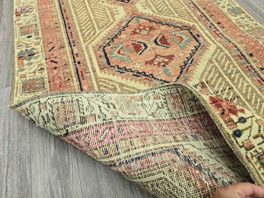 Vintage Heriz Runner Rug: Hand-Knotted Pastel Geometric Hallway Rug