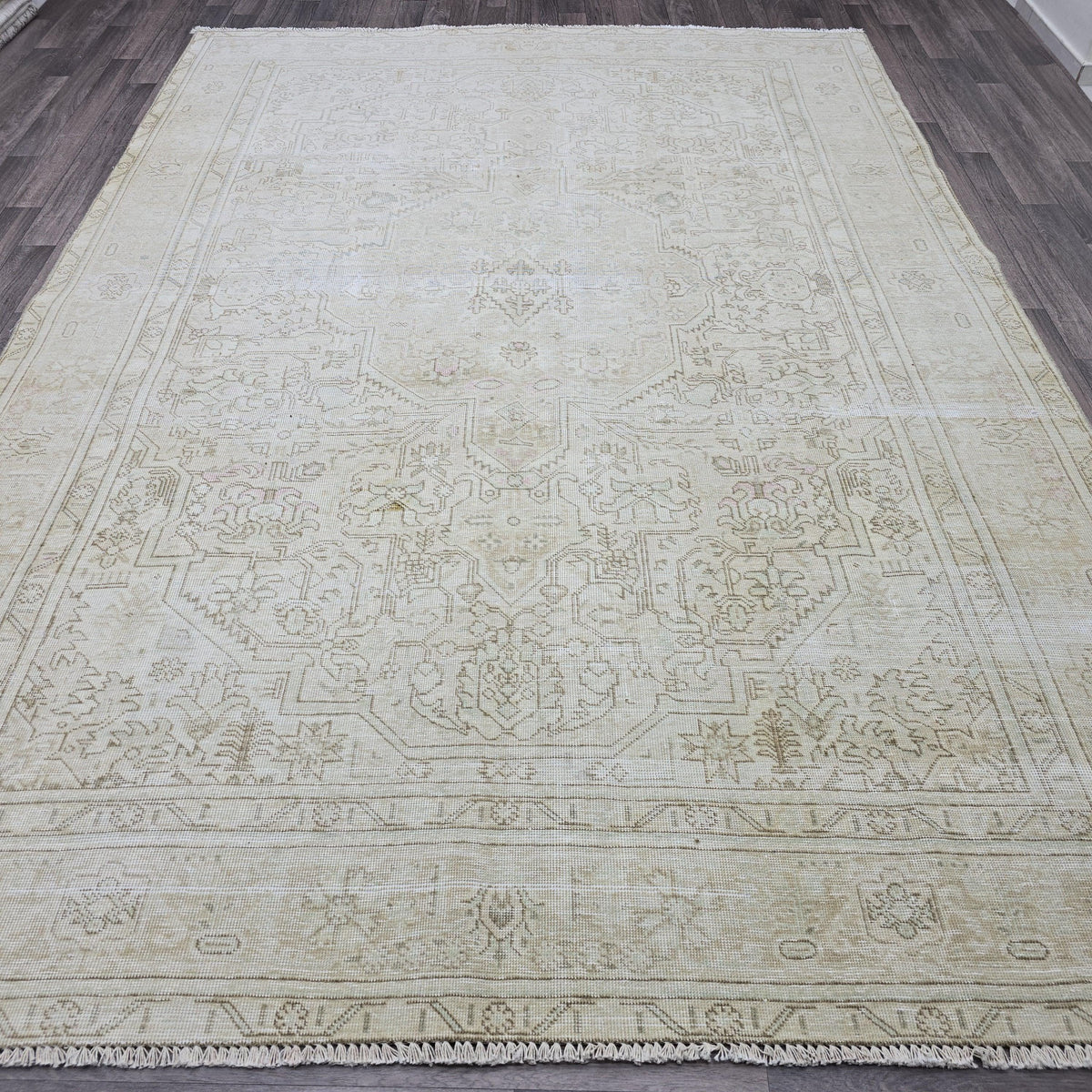 Oushak Rug 8x11: Neutral Vintage Turkish Wool Handmade Carpet, Beige Brown Geometric