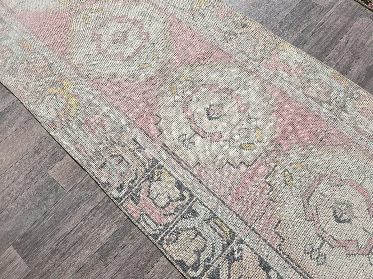 Neutral Oushak Runner Rug: 3x10 Vintage Turkish Wool Hallway Rug