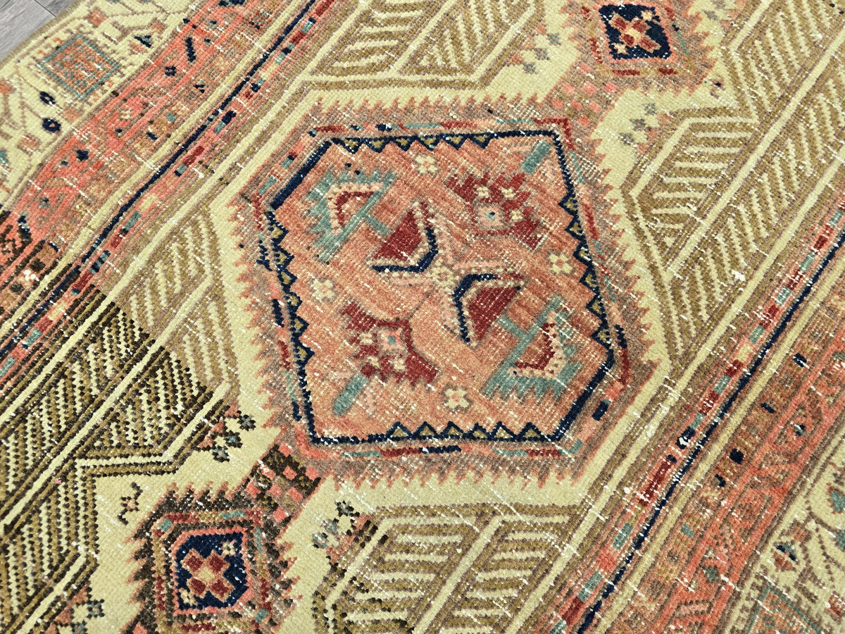 Vintage Heriz Runner Rug: Hand-Knotted Pastel Geometric Hallway Rug