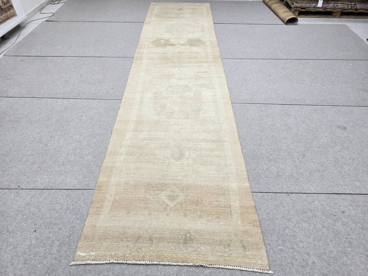 Oushak Runner Rug 3x13, Faded Apricot Beige Hallway Runner, Extra Long Wool Kitchen Runner, Soft Sage Entry Rug for Home Office Decor