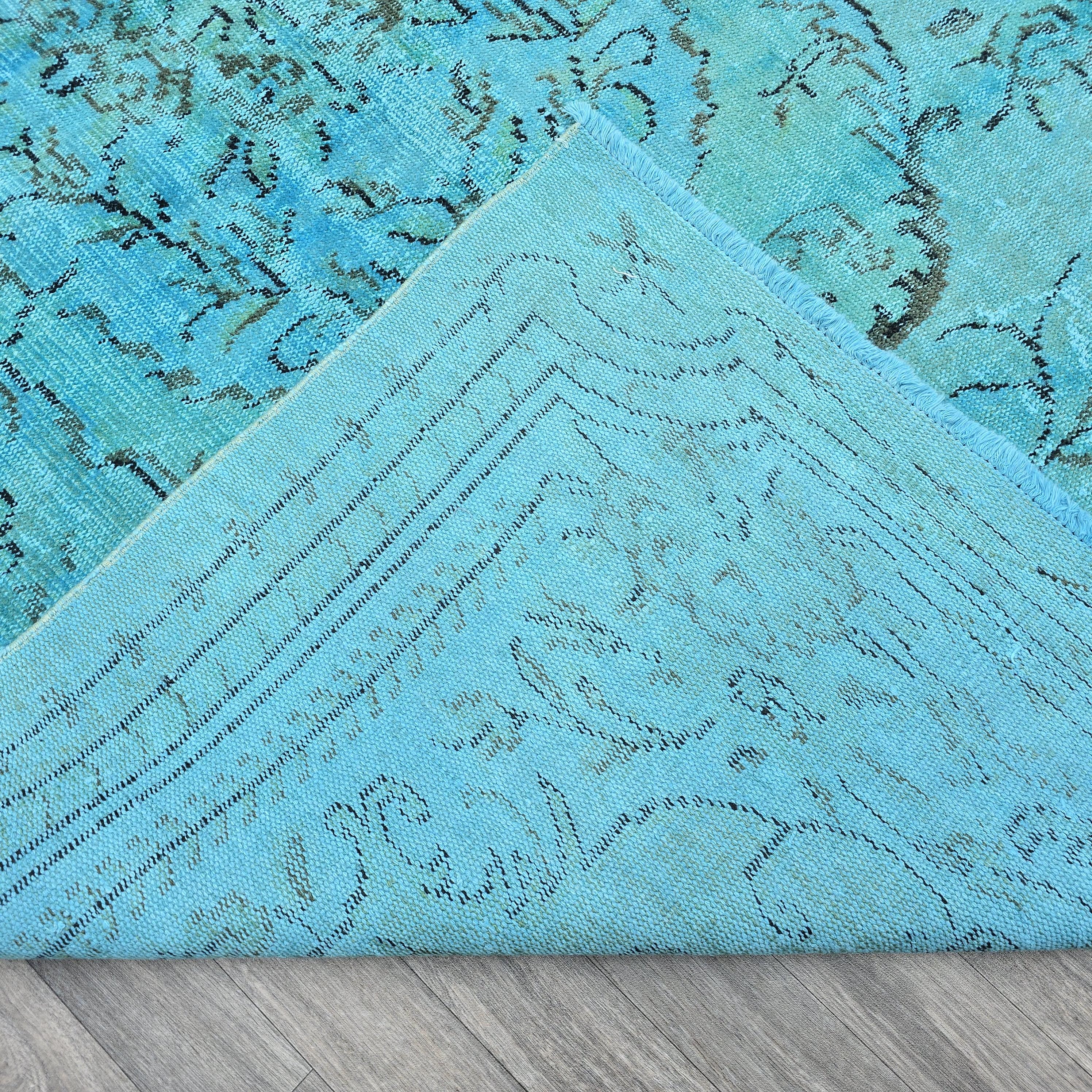 Vintage Overdyed Turquoise Turkish Rug - 6x9.6 ft Oushak Bohemian Area Rug