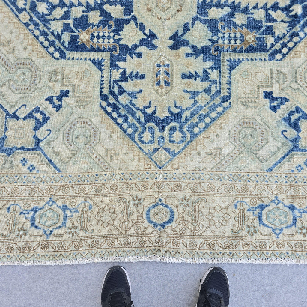 7x10 Vintage Oushak Rug Blue Cream Geometric Hand Knotted Turkish Area Carpet
