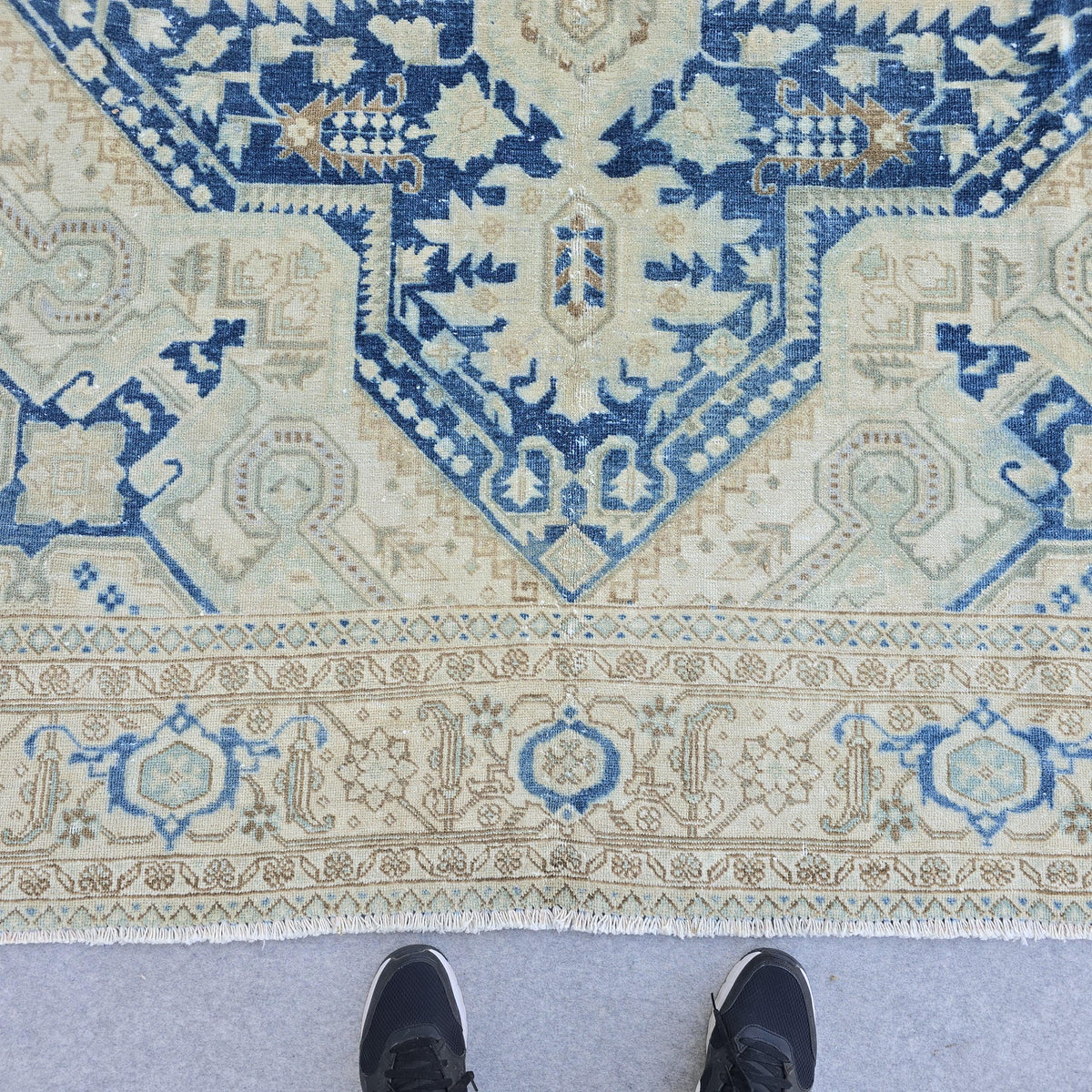 7x10 Vintage Oushak Rug Blue Cream Geometric Hand Knotted Turkish Area Carpet