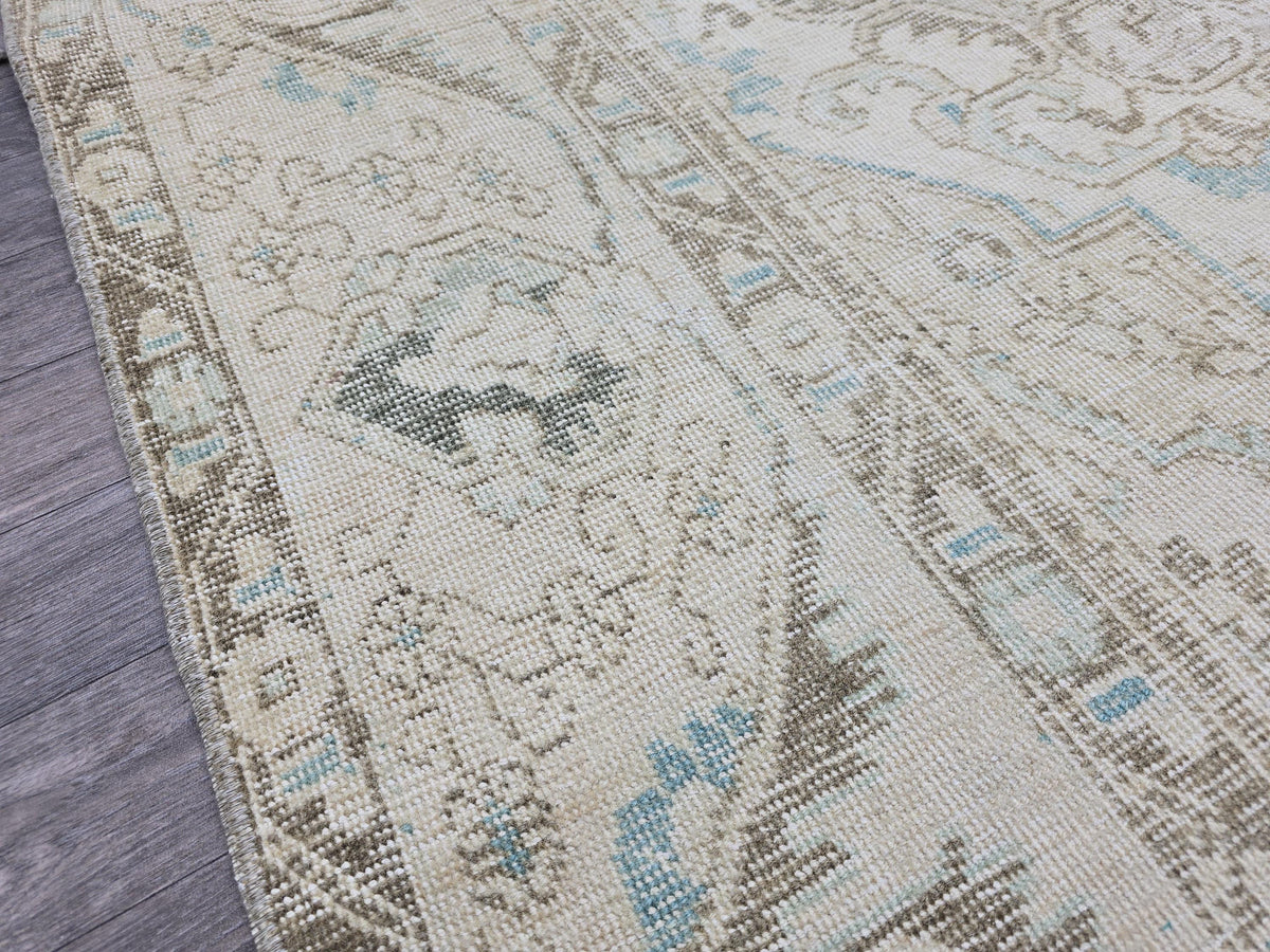 9x12 Faded Oushak Rug: Neutral Distressed Turkish Wool Carpet