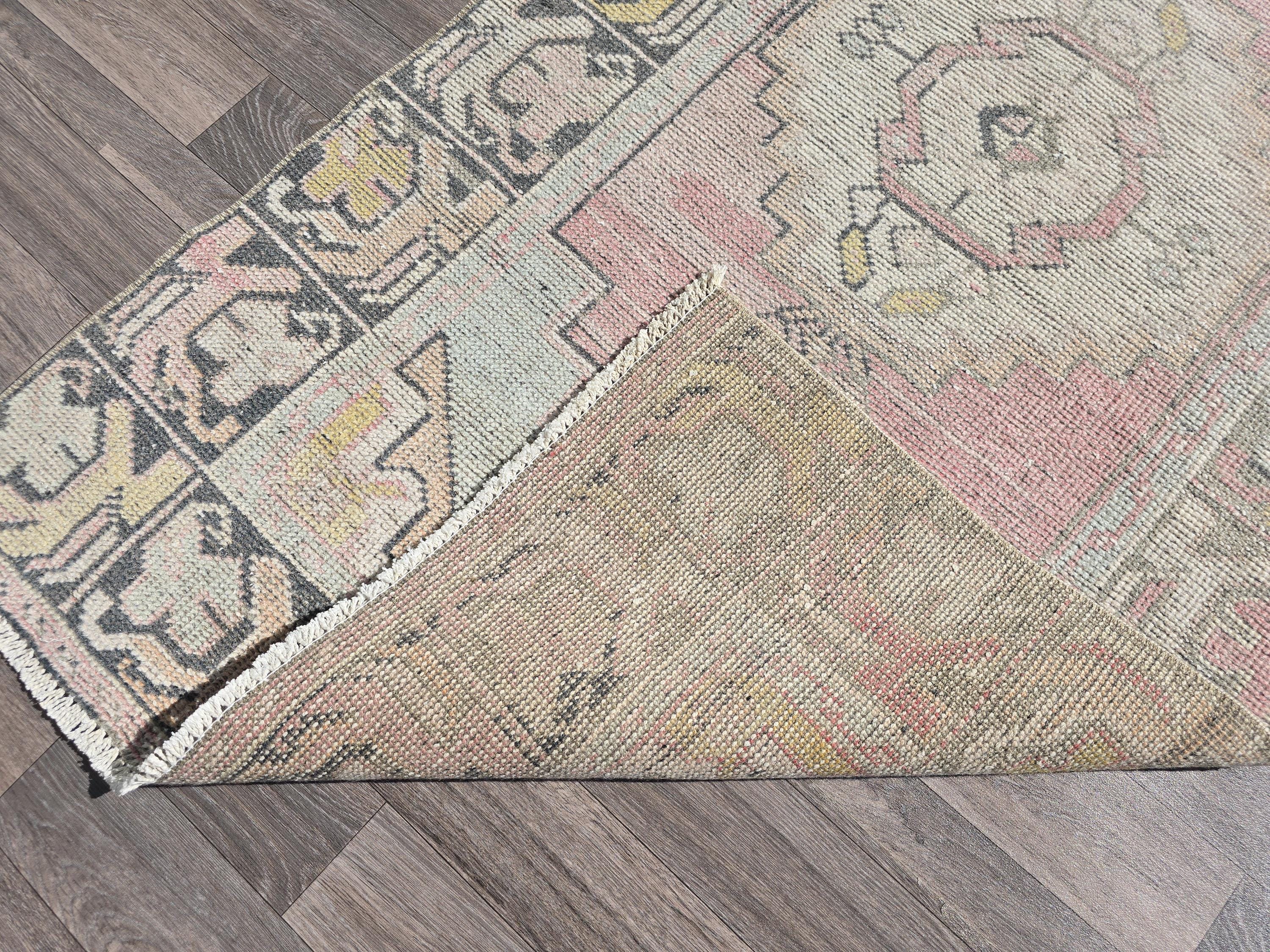 Neutral Oushak Runner Rug: 3x10 Vintage Turkish Wool Hallway Rug