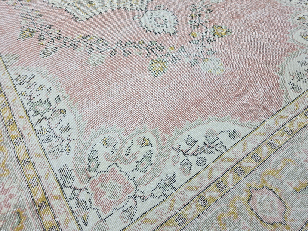 Muted Pink Vintage Oushak Rug 6'5"x9'8" | Neutral Turkish Area Rug Faded Boho Living Room