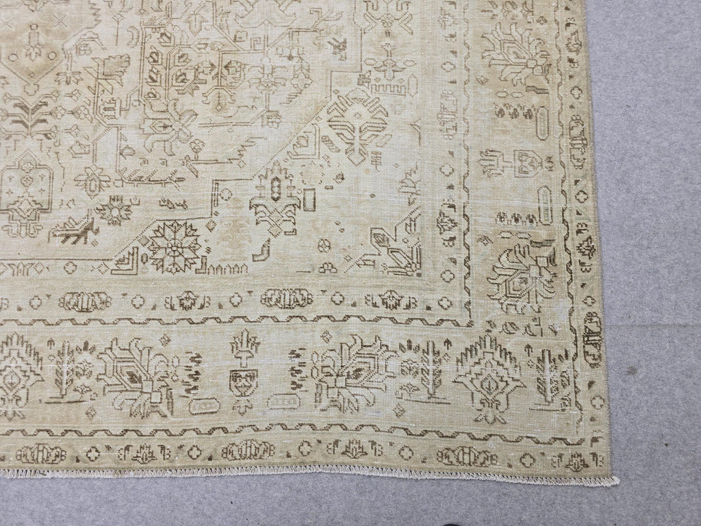 8x11 Vintage Hand Knotted Wool Rug, Muted Neutral Oushak Style, 8x11 Distressed Area Rug