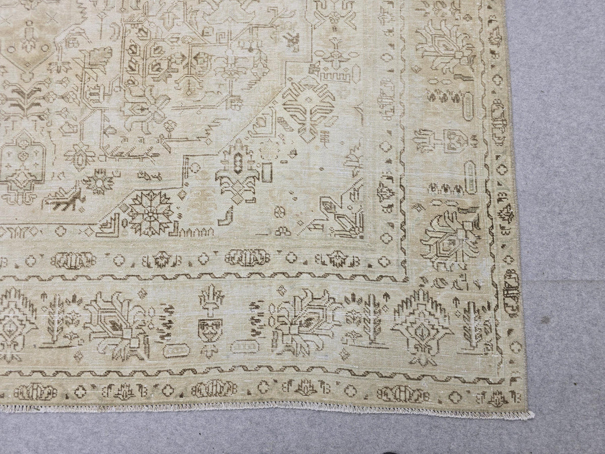 8x11 Vintage Hand Knotted Wool Rug, Muted Neutral Oushak Style, 8x11 Distressed Area Rug