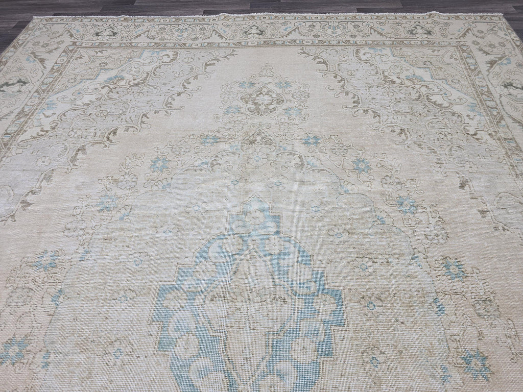 9x12 Beige Blue Faded Vintage Turkish Area Rug/ Natural Wool Rug / Authentic Carpet