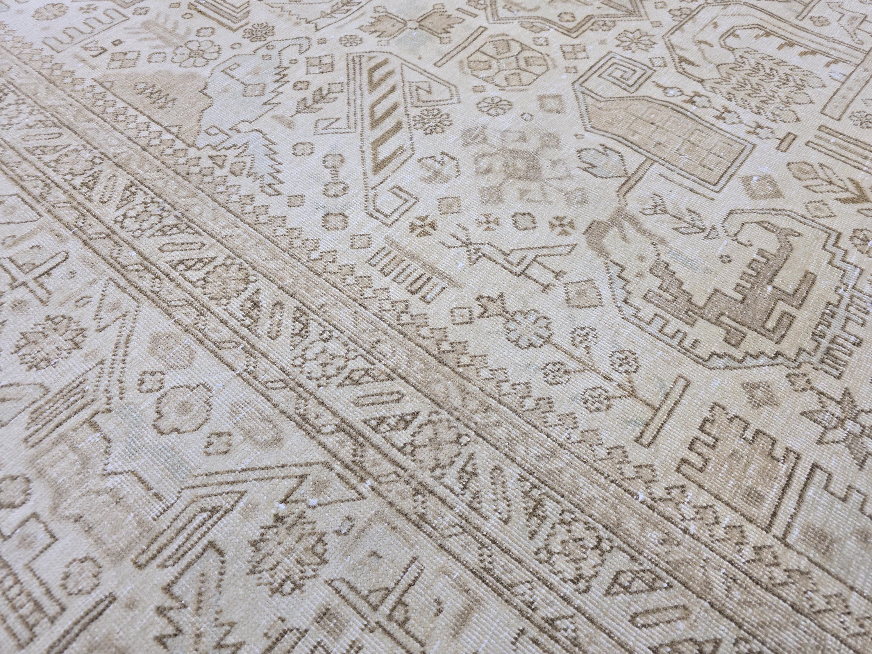 Hand Knotted Oushak Rug | Muted Sand Beige Vintage Turkish Wool Area Carpet