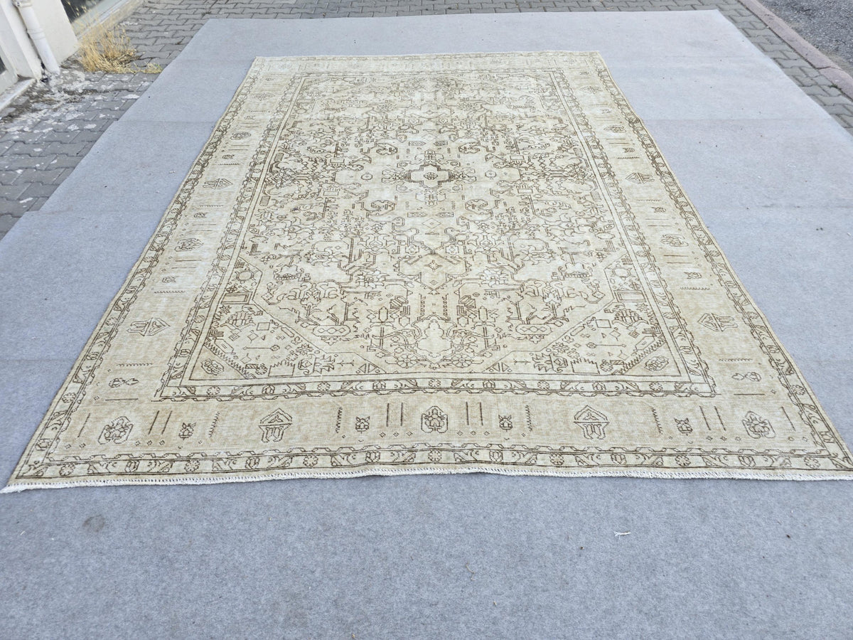 Oushak Rug 8x11, Antique Turkish Carpet, Ivory Brown Wool Rug, Hand Knotted Floral Area Rug, Neutral Dining Room Rug, Boho Decor Rug,