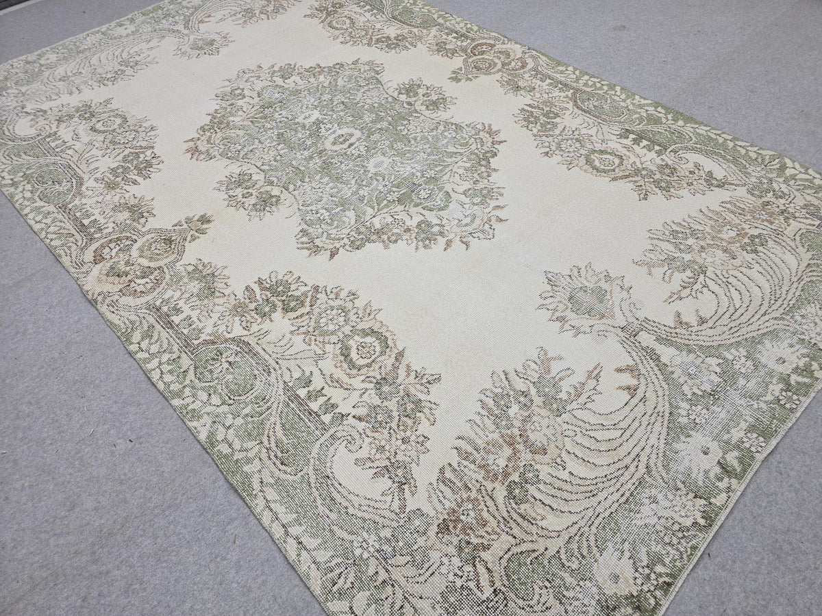 Muted Vintage Rug 6x10, Cream Green Floral Area Rug, Distressed Turkish Rug, Hand Knotted Wool Medallion Carpet, Scandinavian Bedroom Decor