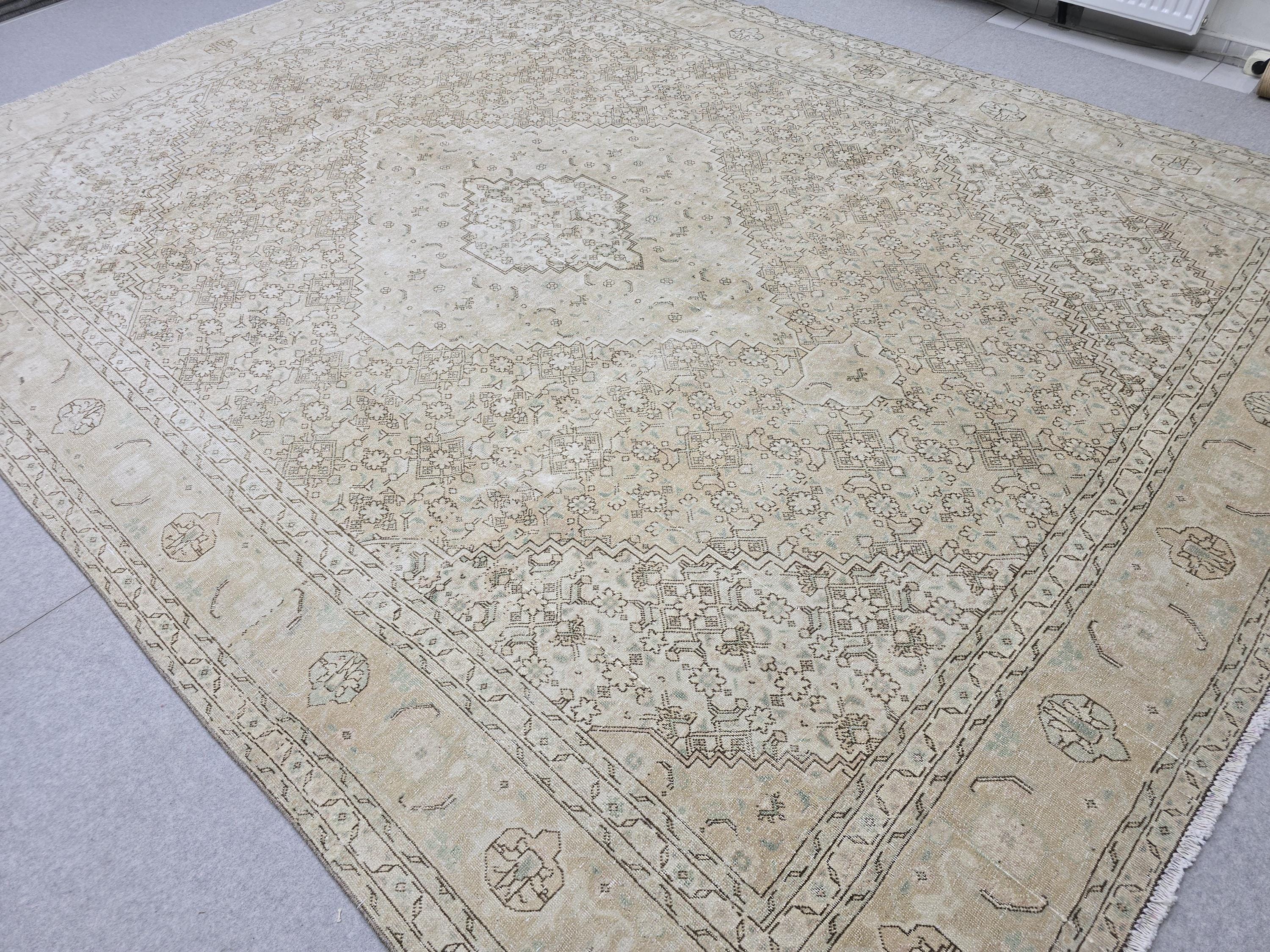 9x12 Oushak Rug | Muted Sand Beige Neutral Vintage Turkish Carpet | Hand Knotted Wool Area Rug for Living Room