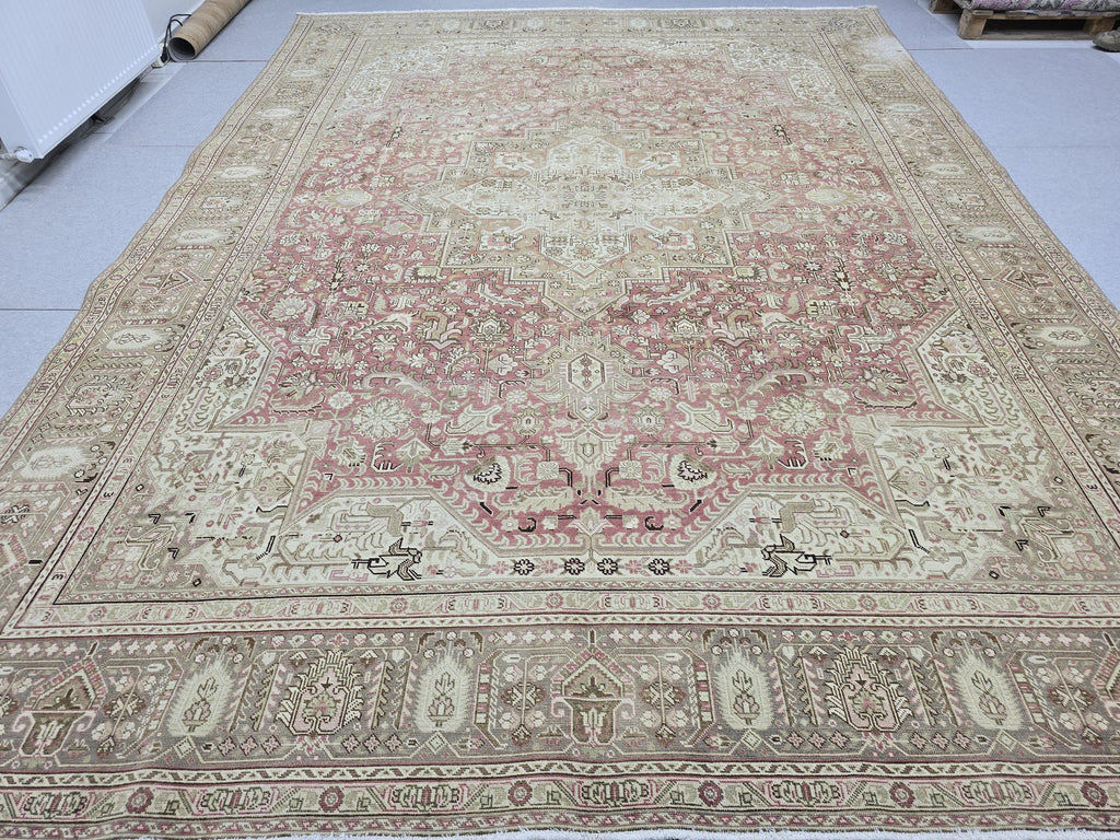Vintage Hand-Knotted Wool Rug • Dusty Rose Medallion Turkish Carpet