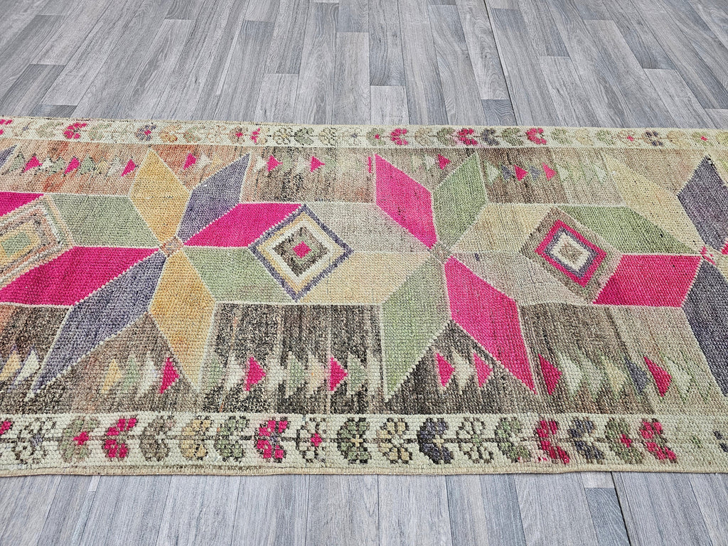 Vintage Wool Runner Rug: 3x11 Herki Turkish Hallway Rug